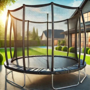 A close-up of a 10-foot trampoline's safety net enclosure, highlighting its durable mesh and secure attachment for enhanced safety.