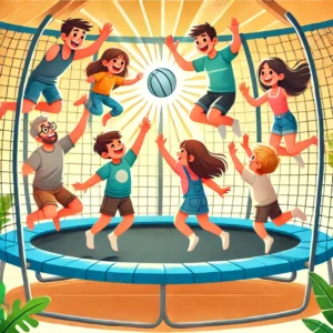 A fun and lively illustration of kids and parents playing together on a trampoline, jumping and interacting in an exciting game.