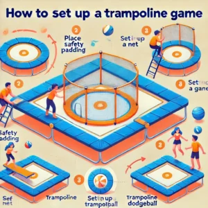 A step-by-step instructional illustration showing how to set up a safe and fun trampoline game, including safety padding and net installation.