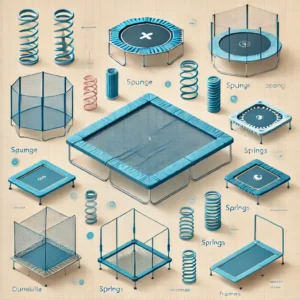 A comparison chart showcasing different types of square trampoline mats, springs, and frames, explaining their durability and bounce quality.