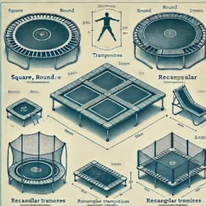 A detailed illustration comparing square, round, and rectangular trampolines, highlighting their differences in size, bounce control, and safety features.