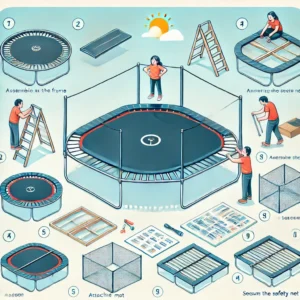 A step-by-step guide illustration showing how to set up a square trampoline, including assembling the frame, attaching the mat, and securing the safety net.