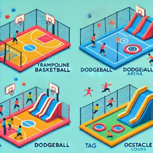 A comparison illustration showcasing different trampoline game setups, such as basketball, dodgeball, tag, and obstacle courses.