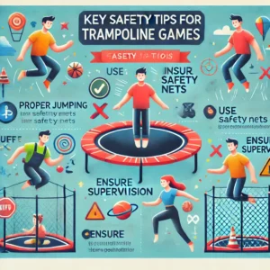 An infographic highlighting key trampoline safety tips, including proper jumping techniques, using safety nets, and ensuring supervision.