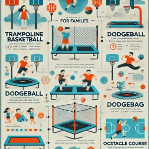 An infographic illustrating different trampoline games like basketball, dodgeball, tag, and obstacle course, designed with fun and engaging visuals. 