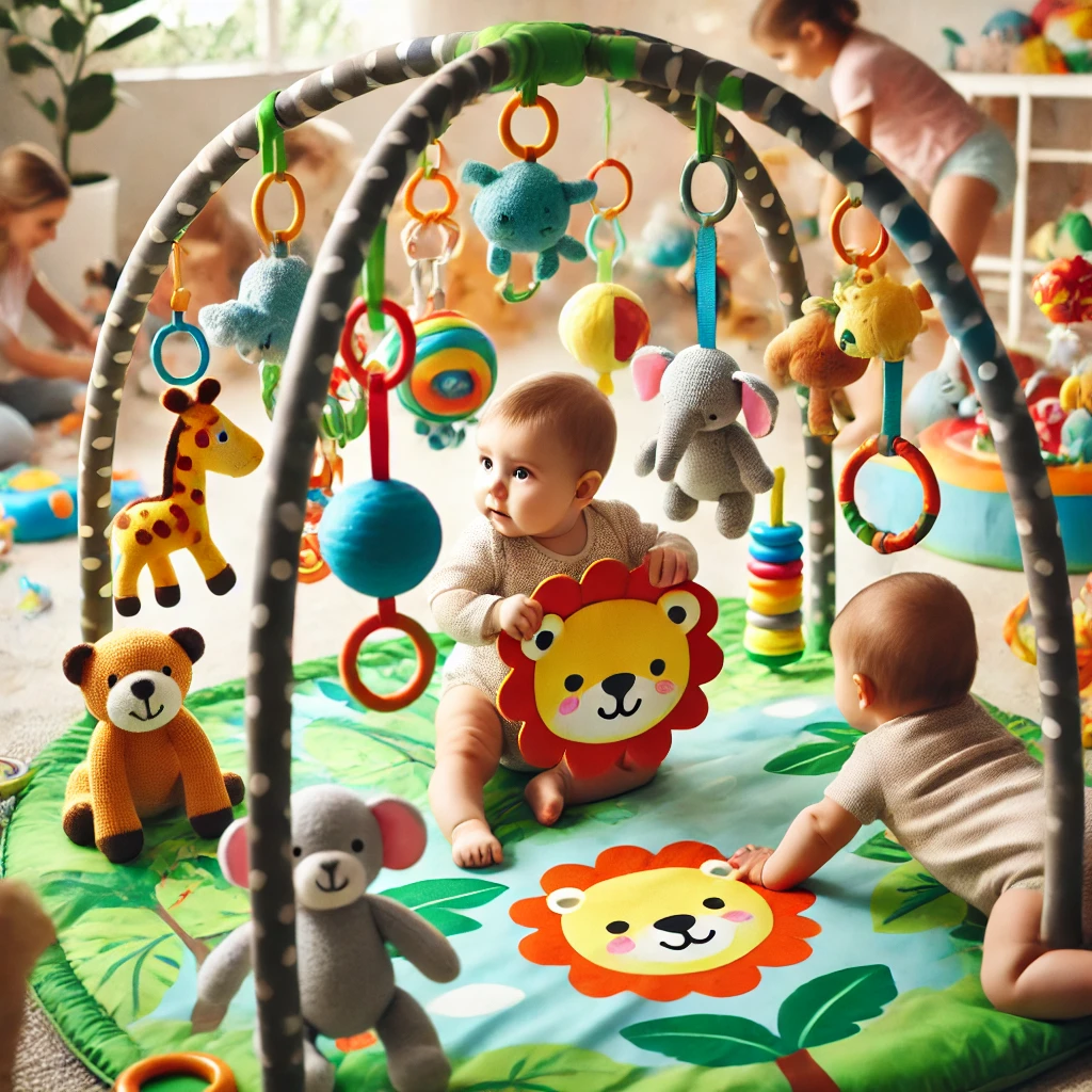 A playful scene of babies engaging with a jungle-themed baby gym, interacting with plush animals, sensory toys, and colorful play mats in a fun and vibrant setting