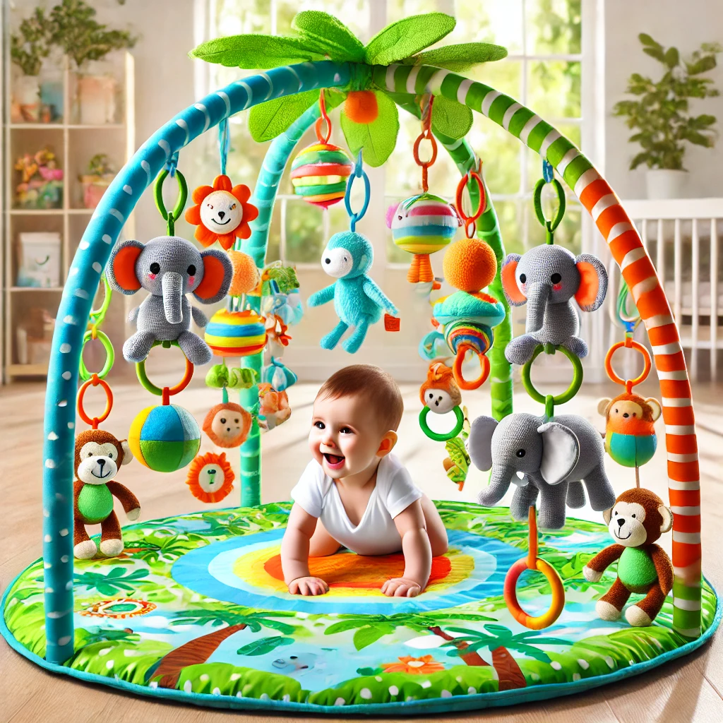 A vibrant baby gym with a jungle theme, featuring a soft play mat, plush hanging animals, and a baby happily playing with sensory toys.