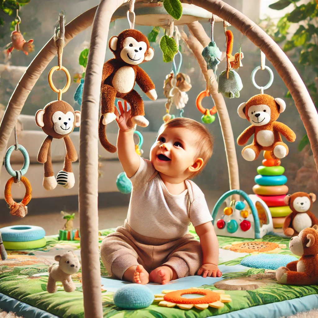 A baby reaching for a hanging monkey toy in a jungle-themed baby gym, surrounded by plush jungle animals and colorful sensory toys