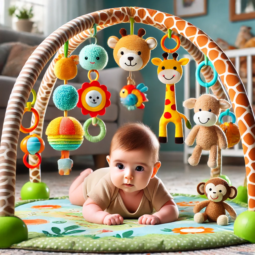 A baby doing tummy time under a jungle-themed baby gym arch, surrounded by plush hanging animals like giraffes, monkeys, and parrots, engaging with colorful sensory toys