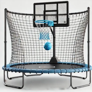 A fun basketball hoop attached to a 10-foot trampoline, providing an exciting way for kids to play while bouncing.