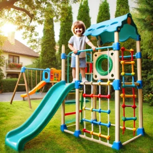 A young child climbing a colorful outdoor jungle gym with a slide and ladders, surrounded by lush greenery