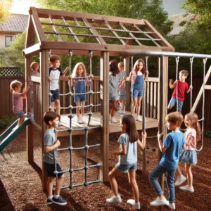 A group of happy children playing on a large outdoor jungle gym with swings, monkey bars, and a climbing wall in a backyard setting