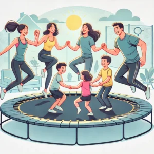 Family engaging in group fitness activities on a 10ft trampoline, fostering health and unity.