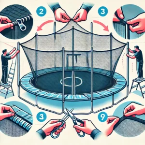 Step-by-step guide on installing a trampoline safety net with poles and fasteners.