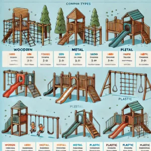 A detailed comparison chart of different outdoor jungle gym types, including wooden, metal, and plastic structures, highlighting features, benefits, and age recommendations