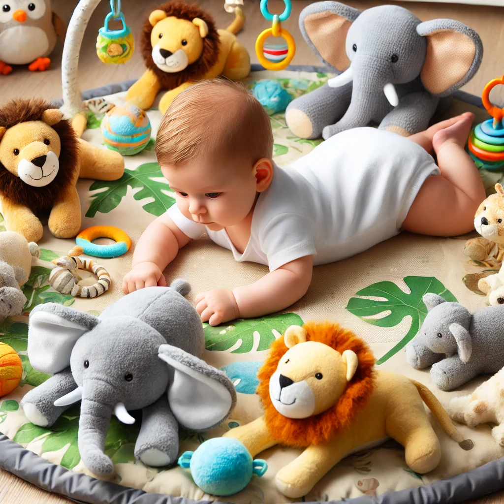 A baby lying on a jungle-themed play mat, surrounded by plush jungle animals like lions, elephants, and monkeys, enjoying tummy time and reaching for sensory toys