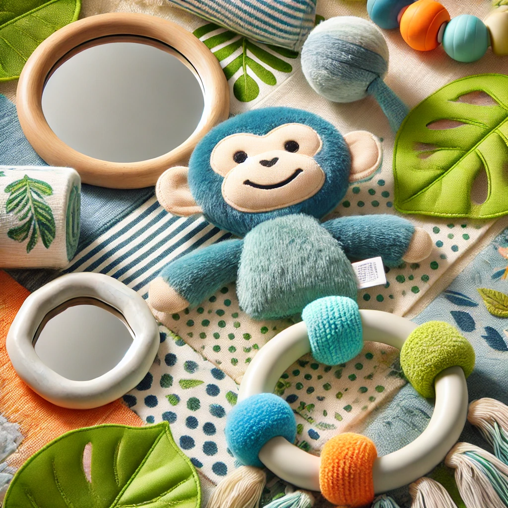 A close-up of jungle-themed sensory toys for babies, including soft fabric leaves, a baby-safe mirror, a plush monkey rattle, and a textured teething ring.