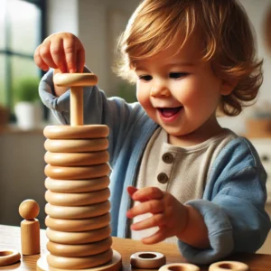 A toddler playing with a wooden Montessori stacking toy to develop fine motor skills and coordination