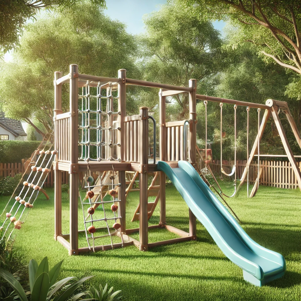 A vibrant outdoor jungle gym featuring slides, swings, and climbing frames in a green backyard, designed for kids' fun and active play