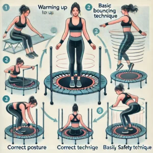 A step-by-step instructional illustration showing how to use a fitness rebounder properly, including warming up, correct posture, and basic bouncing techniques.