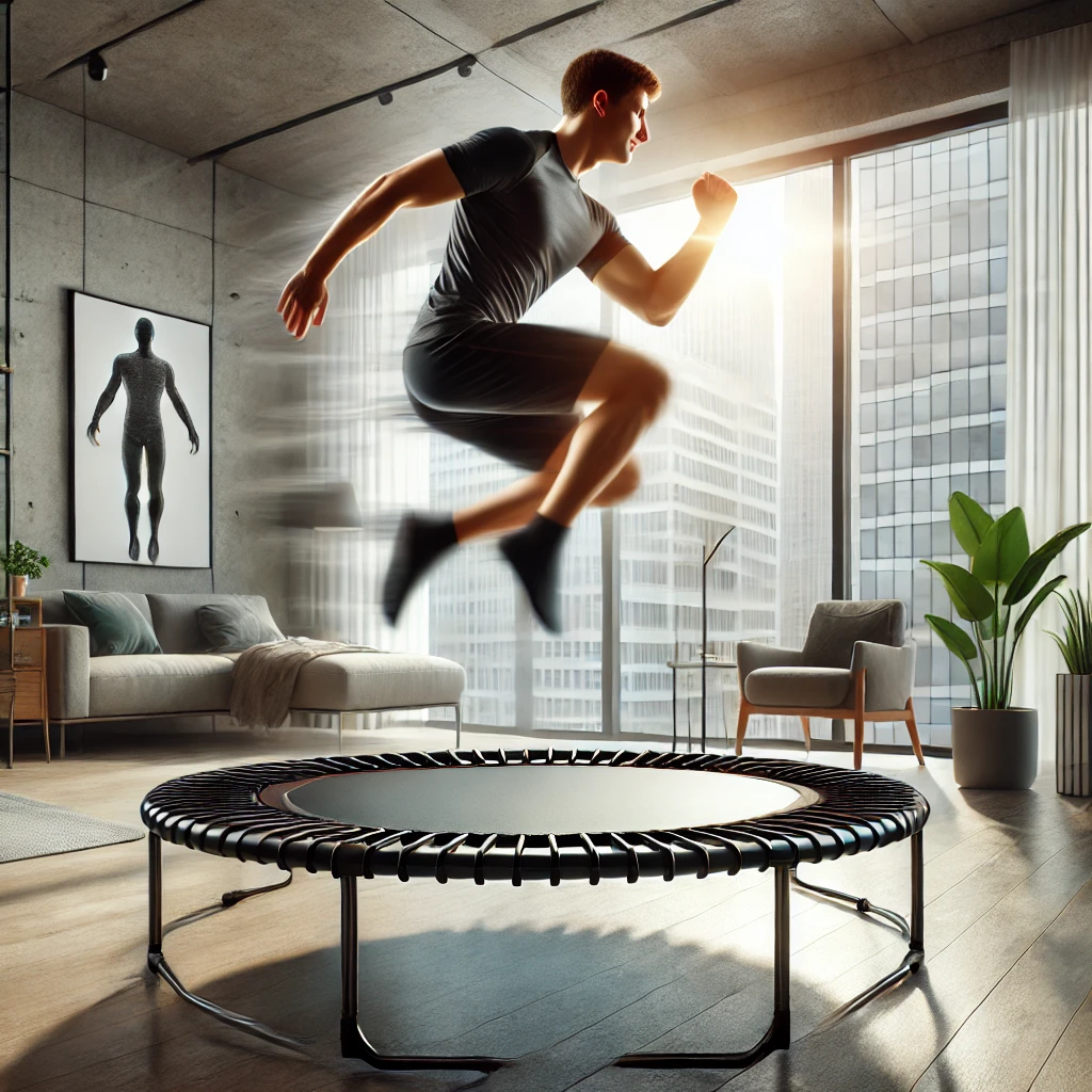 A person exercising on a small fitness trampoline (rebounder) in a modern home gym, mid-bounce, performing a workout move with energy and enthusiasm.