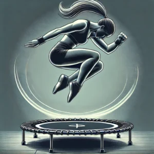 A person performing an advanced workout move on a small fitness trampoline, mid-jump in a high-knee bounce or tuck jump, emphasizing strength and endurance.