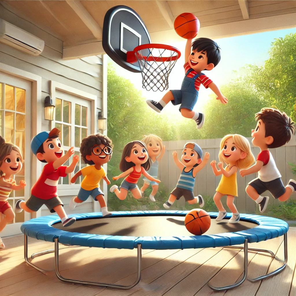 Kids playing trampoline basketball in a backyard, with one child mid-air dunking the ball while others cheer. A bright and fun outdoor scene emphasizing active play.