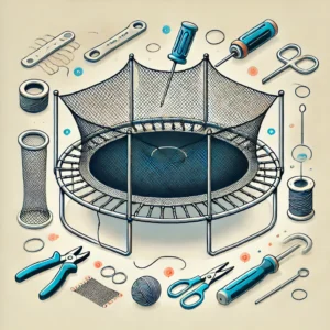 Illustration of common trampoline net damages with repair tips for safety maintenance.