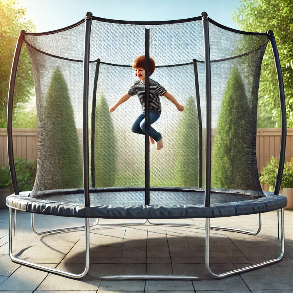 Child safely jumping on a trampoline with a protective net in a backyard setting