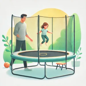 A parent supervising a child playing safely on a trampoline with a protective net in a backyard