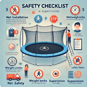 Trampoline safety checklist infographic covering net installation, weight limits, and supervision tips.