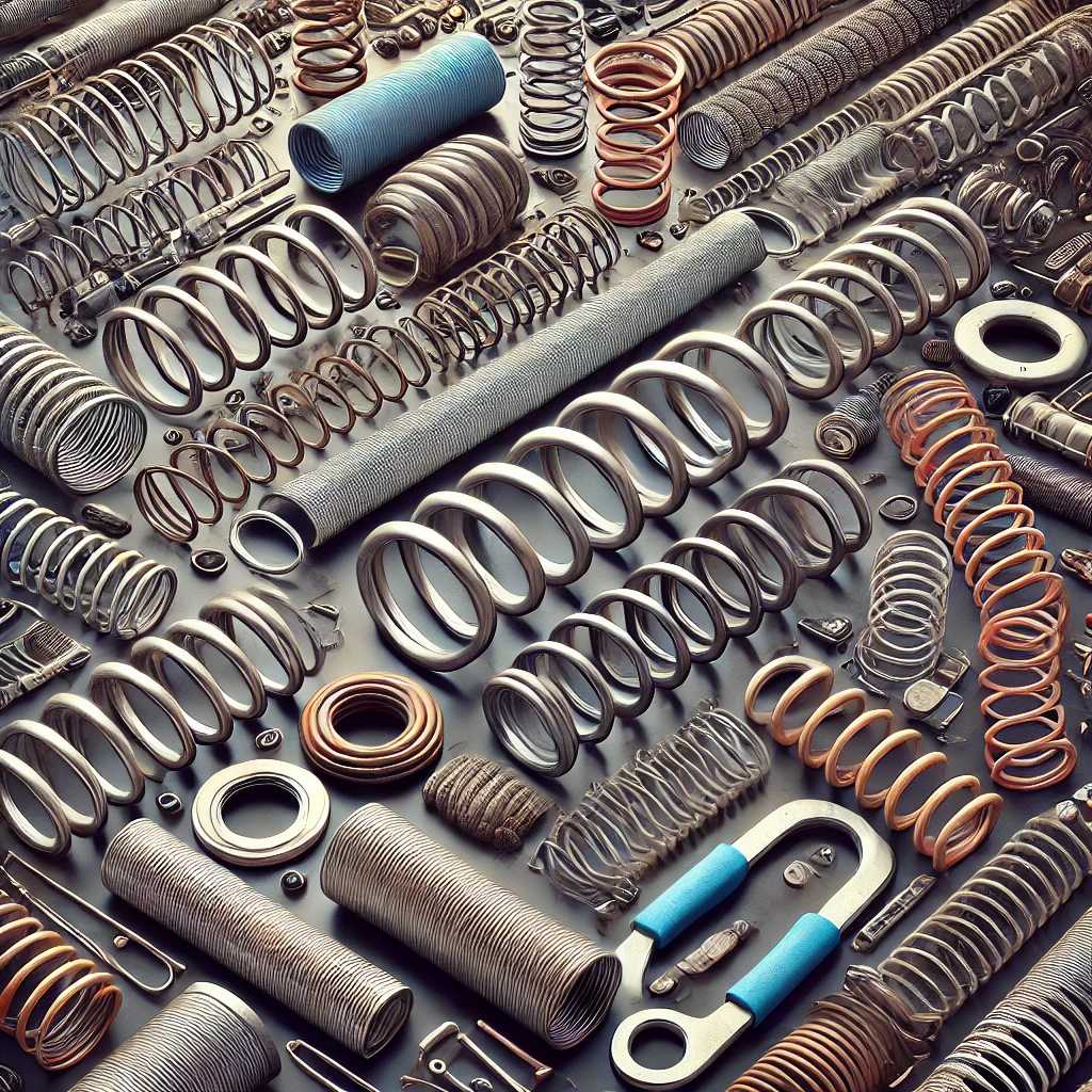 Collage of trampoline springs showcasing different types, sizes, and materials, including coiled metal, rust-resistant, and high-tension springs.