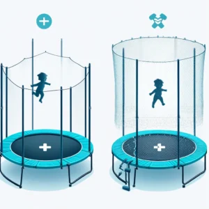 Comparison of a trampoline with a safety net versus one without, highlighting safety risks.