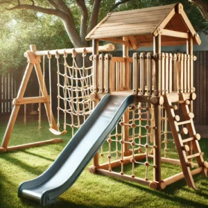 A sturdy wooden jungle gym featuring a slide, climbing net, and monkey bars, set in a backyard with soft grass for safety