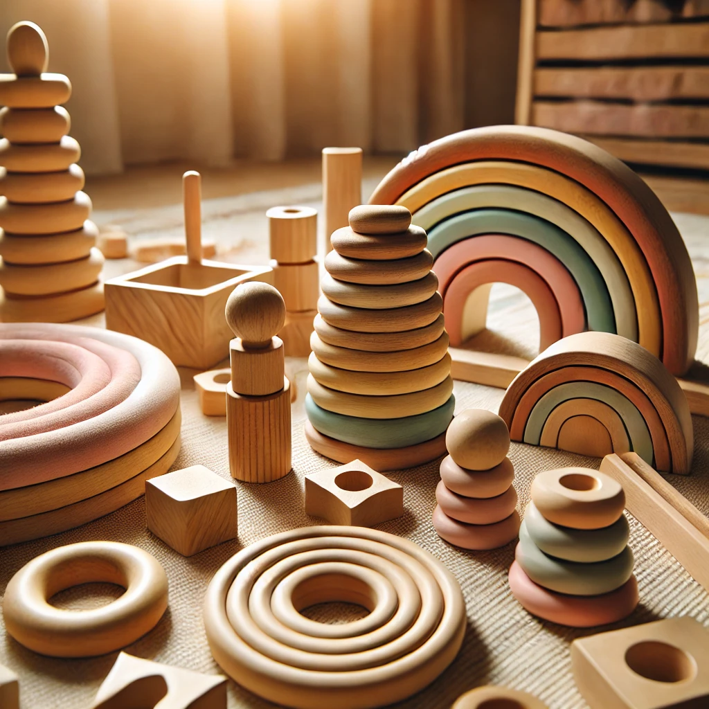 A collection of wooden Montessori toys, including stacking rings, shape sorters, and a wooden rainbow, arranged on a play mat