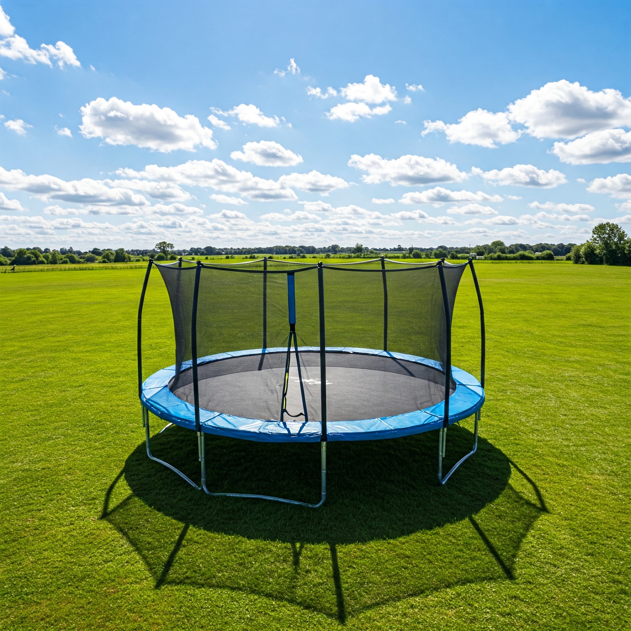 A large, round trampoline with a blue mat and a safety net, set up in a backyard on a sunny day. 10 ft trampoline