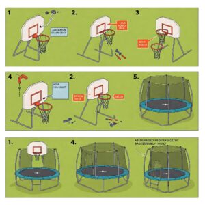 Illustration showing how to assemble a Trampoline Basketball Hoop step-by-step.