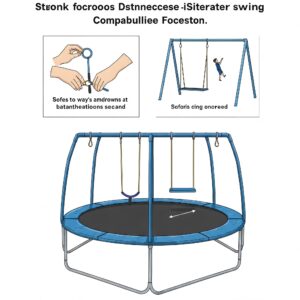 Illustration showing the simple process of attaching or detaching a trampoline swing from a compatible trampoline.