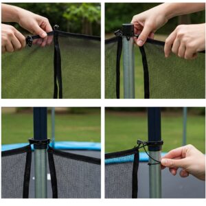 Demonstrating how a trampoline net poles enclosure net is attached and secured to the poles.