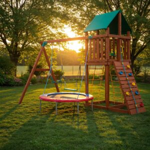 A trampoline swing integrated into a complete backyard playset, offering multiple play options.