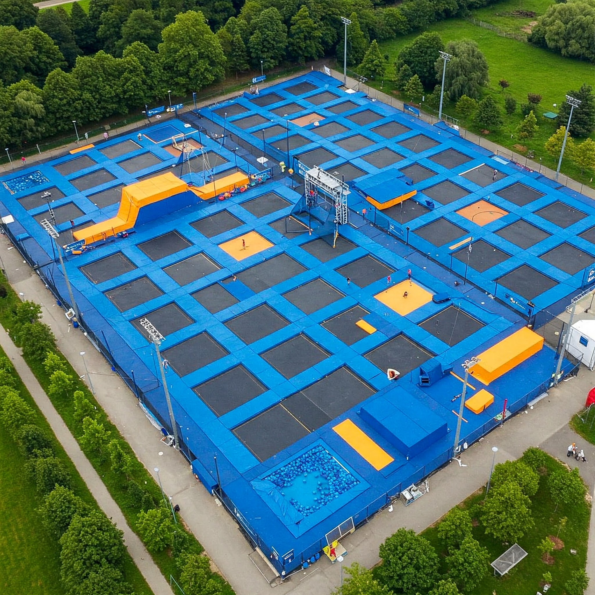 Aerial view of the Biggest Trampoline in the World, showcasing its massive size and layout.