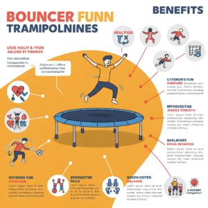 Infographic-style illustration outlining the health and fun benefits of using a bouncer trampoline.