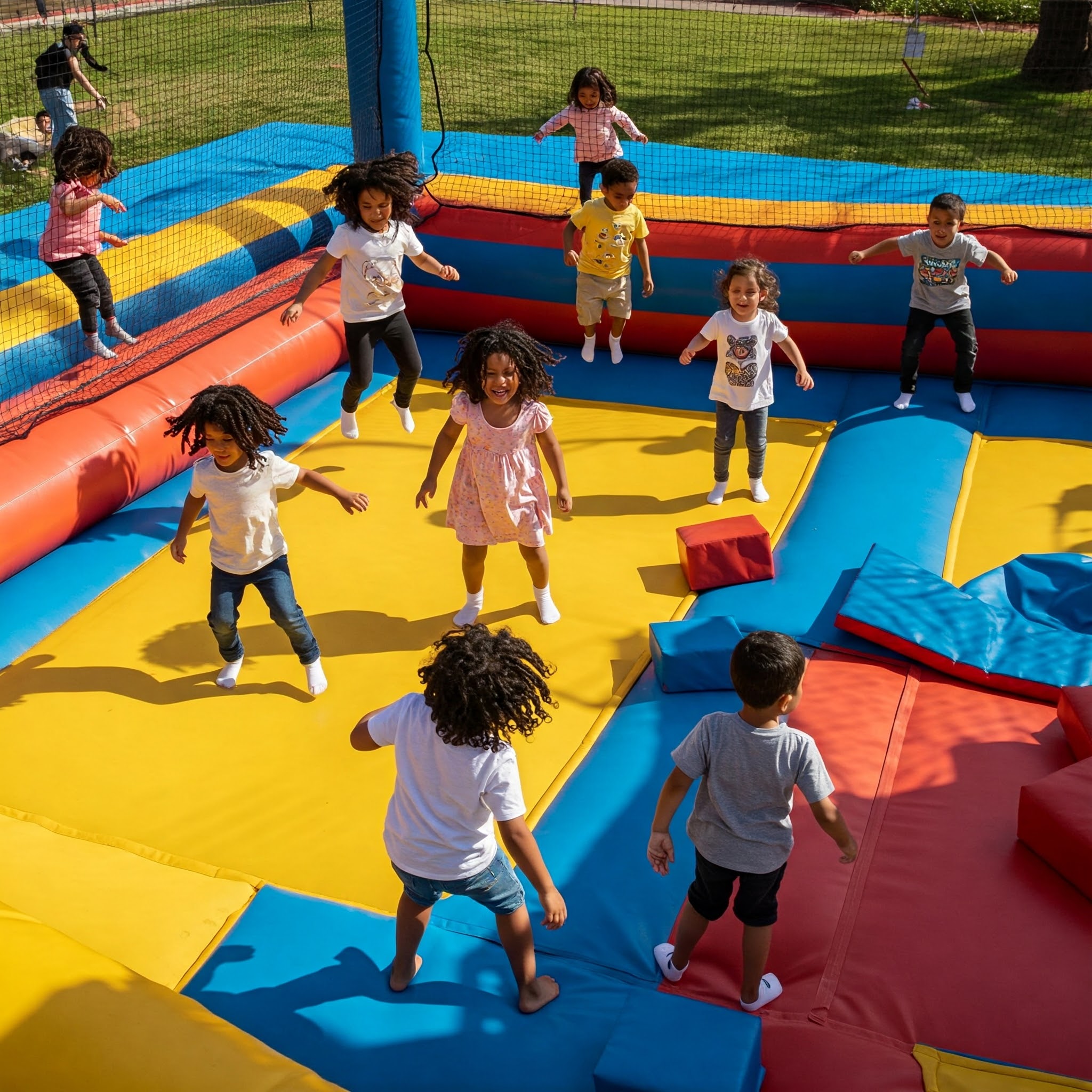 Kids joyfully bouncing on a safe and colorful bouncer trampoline.