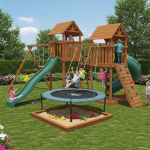 Children enjoying various ways to play on a trampoline swing, including sitting and lying down comfortably.