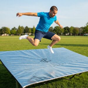 Image of a trampoline with a newly installed replacement mat, ready for jumping. replacing a trampoline mat