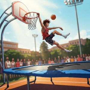 Illustration of a person dunking on a Trampoline Basketball Hoop while jumping high.