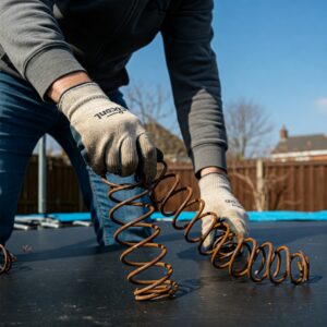 Illustration of safely detaching the old springs from the trampoline frame and mat. replacing a trampoline mat