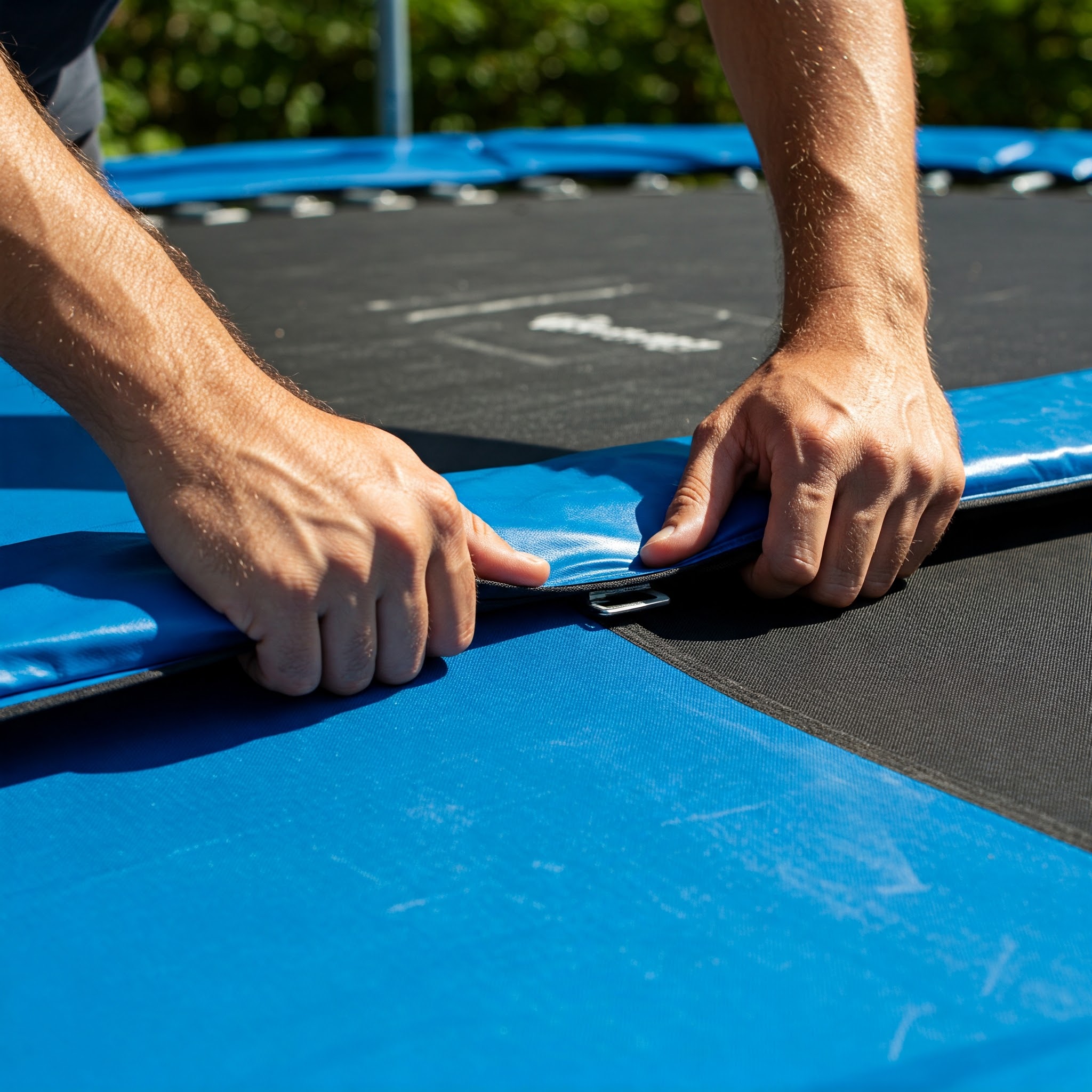 Close-up showing how to attach a new trampoline mat, illustrating a key step in the replacement guide. replacing a trampoline mat