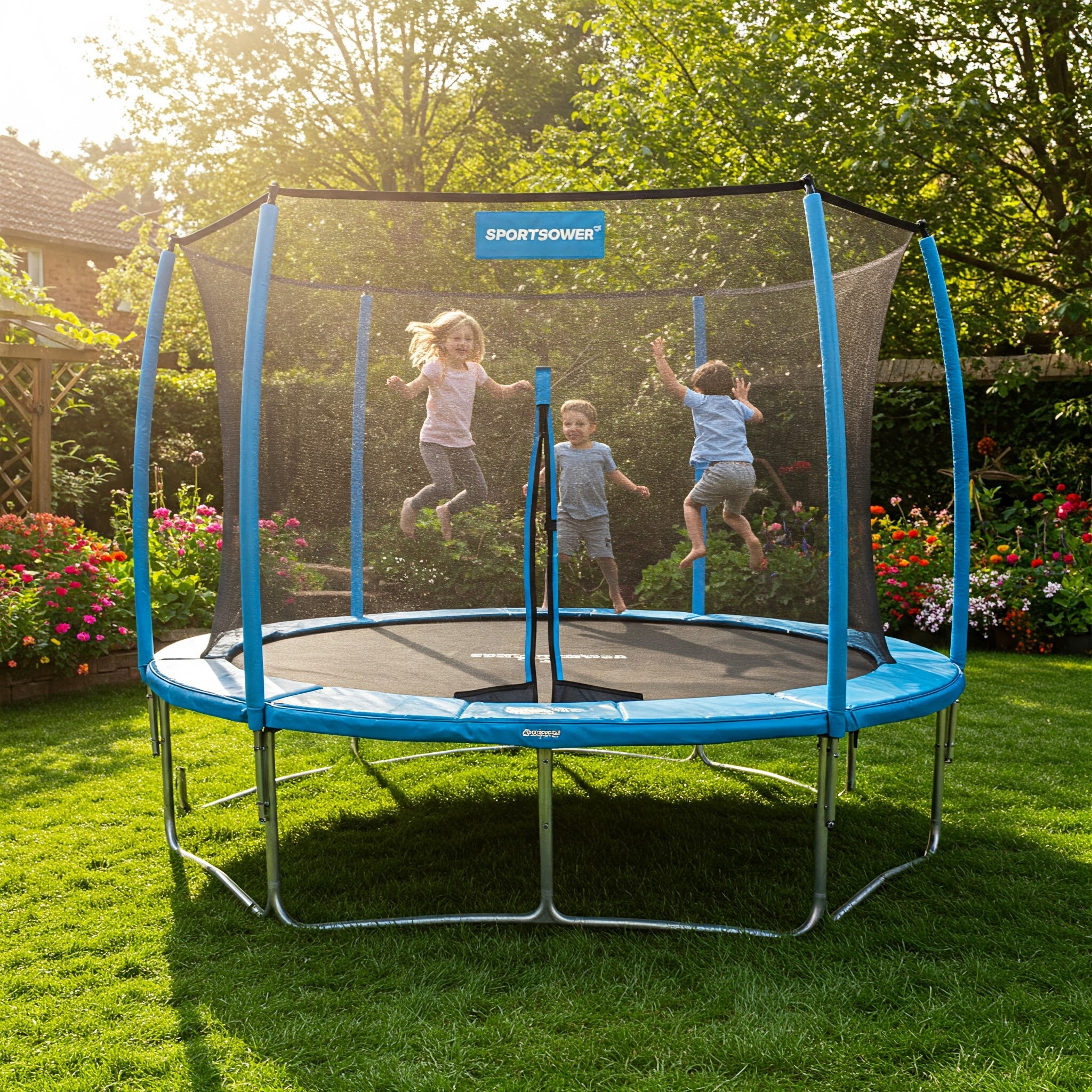 Sportspower trampoline in a sunny garden, ready for family fun.