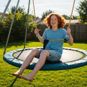 Highlighting the safety features of a trampoline swing, such as padded handles and strong, secure straps.